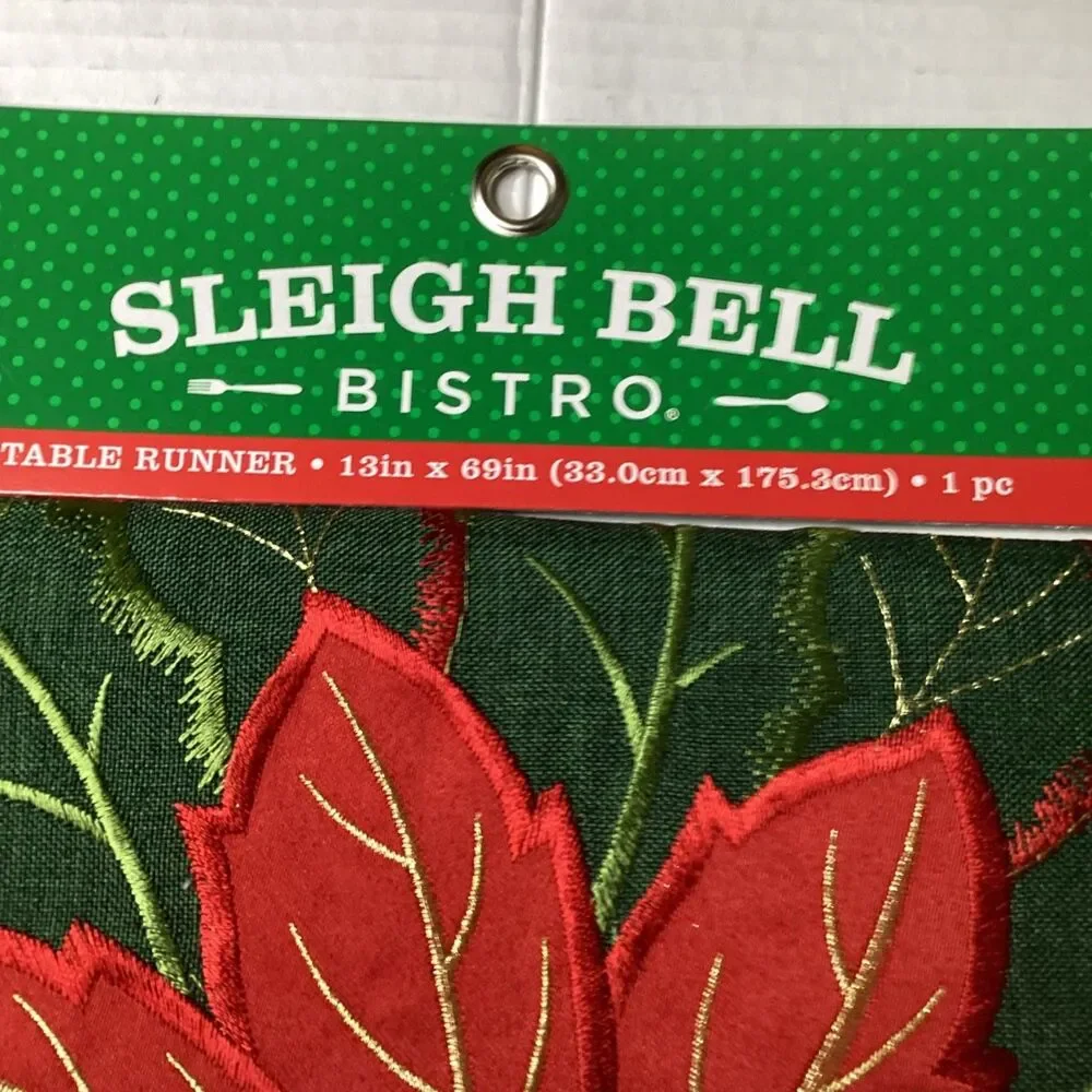 Sleigh Bell Bistro Christmas Table Runner 13x69 Embroidered Poinsettia NWT